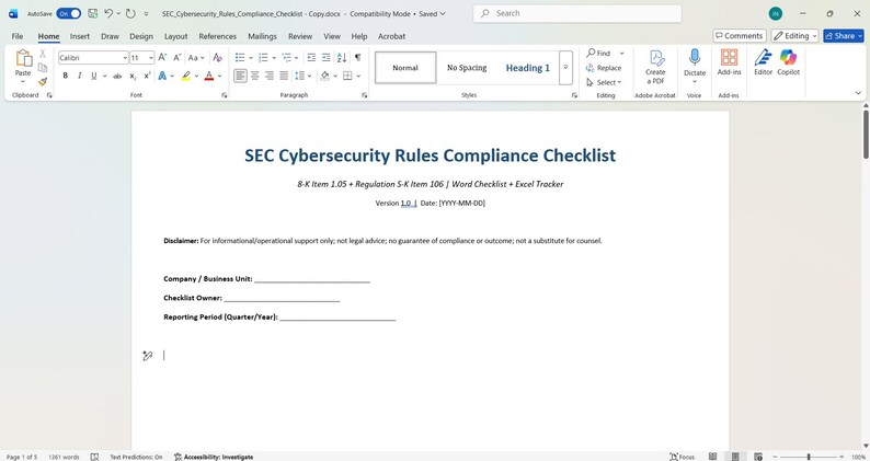 Sec Checklist SEC Cybersecurity Rules Compliance Checklist | Word + Excel Tracker ...