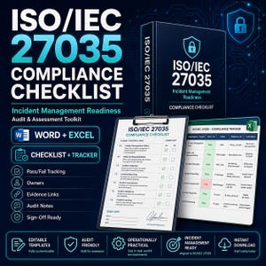 May include: An ISO/IEC 27035 compliance checklist and incident management readiness toolkit featuring a dark blue binder, a clipboard with a checklist, and an Excel spreadsheet tracker. The design includes white text, icons, and digital templates.