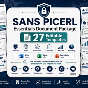 Könnte beinhalten: Ein SANS PICERL Essentials Dokumentenpaket mit 27 bearbeitbaren Vorlagen in Word-, Excel- und PowerPoint-Formaten. Die Grafik zeigt ein zentrales Schild-Symbol, einen Prozessablauf für die Reaktion auf Vorfälle und verschiedene Dokumente.
