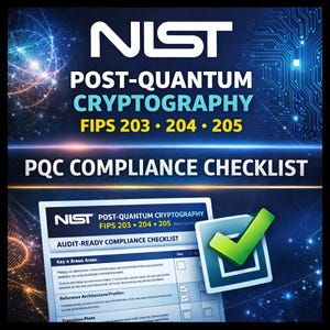 May include: A dark blue graphic with the text "NIST POST-QUANTUM CRYPTOGRAPHY FIPS 203 • 204 • 205" and "PQC COMPLIANCE CHECKLIST". A checklist with a green checkmark is also visible.