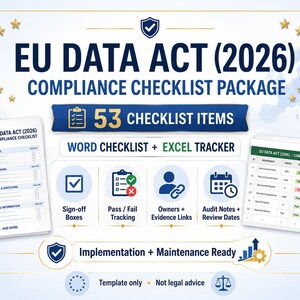 Peut inclure: Un pack de liste de contrôle de conformité numérique pour l'EU Data Act 2026, comprenant un modèle Word et un suivi Excel. Le graphique affiche 53 éléments de contrôle, des cases de validation, un suivi réussite/échec et des dates d'audit.