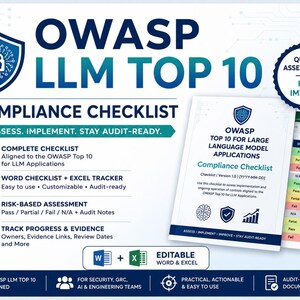 Può includere: Una lista di controllo di conformità digitale per le applicazioni OWASP LLM Top 10. La grafica presenta un logo a scudo blu, intestazioni di testo e un elenco di funzionalità che include una lista di controllo Word e un tracker Excel.