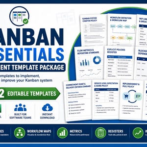 Op de afbeelding: Een Kanban Essentials document sjabloonpakket met 12 bewerkbare Word- en Excel-bestanden. De weergave toont diverse workflow-diagrammen, beleidsdocumenten en registers, waaronder een Kanban-systeemcharter en logboeken voor risicoafhankelijkheden.