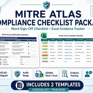 Könnte beinhalten: Ein Mitre Atlas Compliance-Checklisten-Paket mit einer Word-Checkliste zur Abzeichnung und einem Excel-Nachverfolgungstool. Das Dokument enthält Tabellen für Governance, Programmmanagement und Nachweisverfolgung mit Status- und Prioritätsspalten.