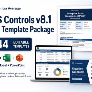 Könnte beinhalten: Ein CIS Controls v8.1 Komplettpaket mit 144 bearbeitbaren Vorlagen für Word, Excel und PowerPoint. Die Darstellung umfasst einen Laptop mit einem Implementierungs-Dashboard, ein Dokument zur Anlagenverwaltung und eine Karte für das Executive Dashboard.