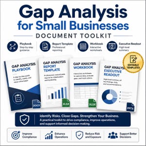 Op de afbeelding: Een Gap Analysis document toolkit voor kleine bedrijven met vier witte boekjes getiteld Playbook, Report Template, Workbook en Executive Readout. Bevat iconen voor DOCX, XLSX en PPTX bestanden, een gouden zegel voor bewerkbare sjablonen en tekst over bedrijfsdoelstellingen.