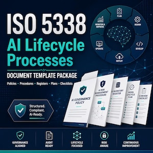 May include: A dark blue graphic with the text "ISO 5338 AI Lifecycle Processes" and "Document Template Package." The image includes icons and diagrams related to AI governance, risk management, and lifecycle processes.