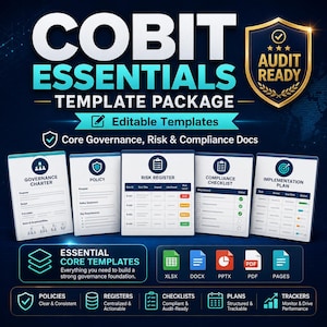 May include: A digital template package titled COBIT ESSENTIALS TEMPLATE PACKAGE featuring five document icons: Governance Charter, Policy, Risk Register, Compliance Checklist, and Implementation Plan. Includes file format icons for XLSX, DOCX, PPTX, PDF, and PAGES.