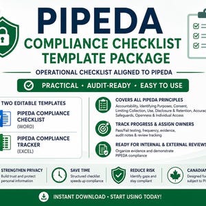 Peut inclure: Un pack de modèles de liste de contrôle de conformité PIPEDA comprenant un document Word et un suivi Excel. Le graphique inclut des icônes de bouclier avec cadenas, un presse-papier avec des coches et du texte sur les principes et le suivi.