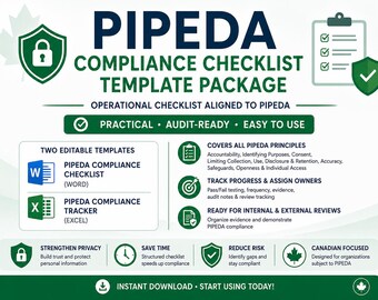 PIPEDA Compliance Checklist | Word + Excel Tracker | Canada Privacy Law Audit Tool