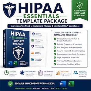 May include: A dark blue HIPAA Essentials Template Package box with the text "HIPAA Essentials Template Package". The image includes a list of editable templates, including Privacy Rule and Security Rule.