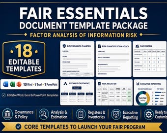 FAIR Essentials Template Package, Cyber Risk Quantification Documents, FAIR Framework Templates, Word Excel PowerPoint
