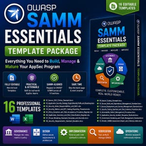 Op de afbeelding: Een donkerblauwe afbeelding met de tekst "OWASP SAMM ESSENTIALS TEMPLATE PACKAGE" en een productdoos. Het pakket bevat 16 bewerkbare sjablonen voor het bouwen, beheren en volwassen maken van een AppSec-programma. Pictogrammen vertegenwoordigen belangrijke functies.