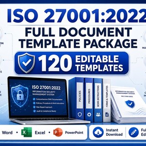 May include: ISO 27001:2022 full document template package featuring 120 editable templates. Includes a laptop displaying information security management system details, four blue binders, and a stack of documents. Compatible with Word, Excel, and PowerPoint.
