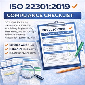 May include: A blue and white graphic with the text "ISO 22301:2019 COMPLIANCE CHECKLIST." The image includes a checklist on a clipboard, a magnifying glass, a pencil, and other documents. The checklist is for business continuity management.