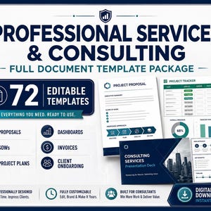 Könnte beinhalten: Ein Paket mit 72 bearbeitbaren Dokumentvorlagen für professionelle Dienstleistungen und Beratung, einschließlich Vorschlägen, Leistungsbeschreibungen, Projektplänen, Dashboards, Rechnungen und Dokumenten für das Kunden-Onboarding.