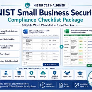 Può includere: Un pacchetto di checklist per la conformità alla sicurezza delle piccole imprese NIST con una checklist Word modificabile e un tracker Excel. Il documento include sezioni per governance, accesso e MFA, con icone per controlli e note di audit.