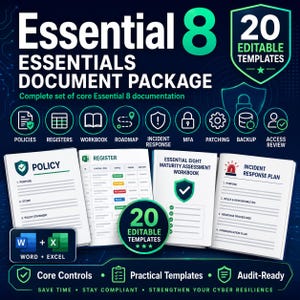 Pacote Essencial de Documentos com 8 Itens Essenciais, Modelos de Segurança Cibernética da ACSC, 20 Modelos Editáveis em Word e Excel, Segurança para Pequenas Empresas
