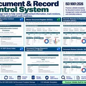 K&ouml;nnte beinhalten: Ein Vorlagenset f&uuml;r ein Dokumenten- und Aufzeichnungskontrollsystem nach ISO 9001:2026. Enth&auml;lt Word- und Excel-Vorlagen f&uuml;r Dokumentenkontrolle, Register, Aufbewahrungspl&auml;ne, SOP-Verzeichnisse und &Uuml;berpr&uuml;fungskalender f&uuml;r Audits.