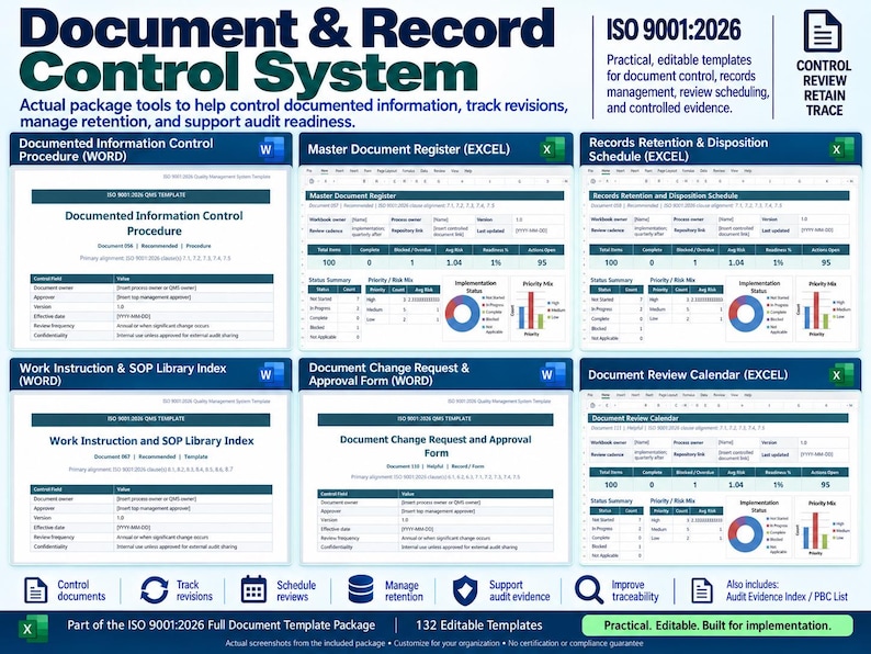 K&ouml;nnte beinhalten: Ein Vorlagenset f&uuml;r ein Dokumenten- und Aufzeichnungskontrollsystem nach ISO 9001:2026. Enth&auml;lt Word- und Excel-Vorlagen f&uuml;r Dokumentenkontrolle, Register, Aufbewahrungspl&auml;ne, SOP-Verzeichnisse und &Uuml;berpr&uuml;fungskalender f&uuml;r Audits.