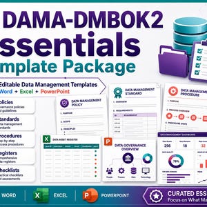DAMA-DMBOK2 Essentials-Vorlagen, Richtlinienpaket für Daten-Governance, Excel- und Word-Paket zur Metadatenverwaltung für Datenqualität