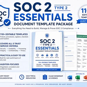 以下が含まれることがあります： 110以上の編集可能なテンプレートを含むSOC 2 Type 2 Essentialsドキュメントテンプレートパッケージ。画像には、盾のロゴ、コントロールマトリックス表、Word、Excel、PowerPoint、PDFの互換性を示すアイコンが表示されています。