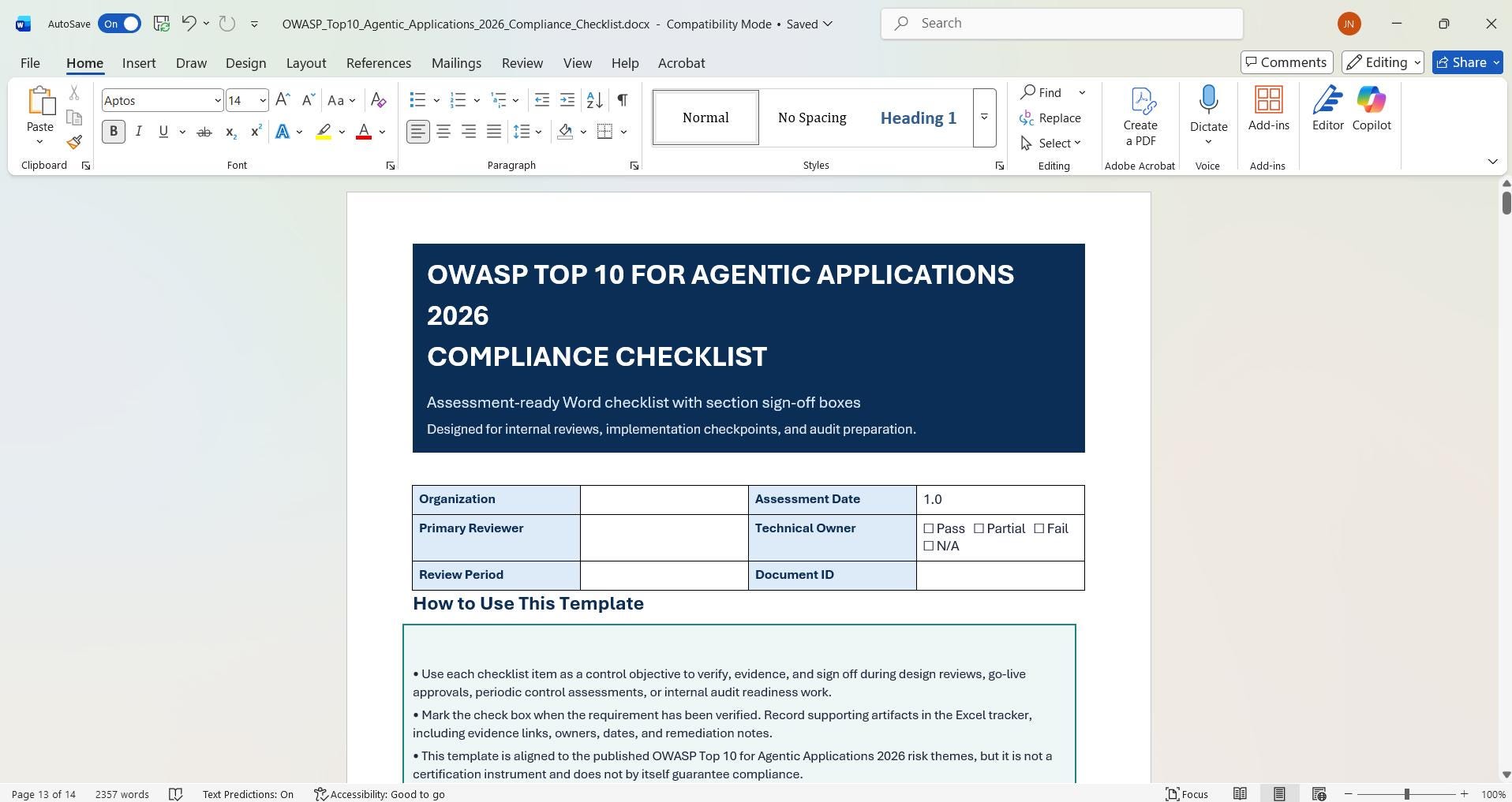 Owasp Checklist Example OWASP Agentic AI Compliance Checklist | 2026-aligned Audit Readiness ...