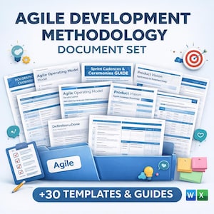 May include: A set of documents titled "Agile Development Methodology Document Set." The documents include titles such as "Agile Operating Model," "Product Vision," and "Sprint Cadences & Ceremonies GUIDE." A blue folder labelled "Agile" holds some of the documents.