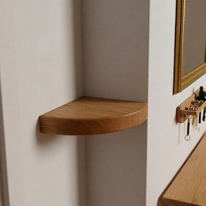 Peut inclure: Une étagère d'angle en bois avec un bord avant arrondi est fixée à un mur blanc. L'étagère est en bois de couleur claire. Un miroir encadré d'or et un porte-clés sont visibles. Un banc en bois est en dessous.