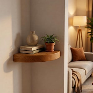 Puede incluir: Una estantería de esquina de madera con un jarrón, libros y una planta en maceta. La estantería, de color marrón claro, está montada en una pared de color neutro. Contiene un jarrón beige, dos libros y una pequeña planta en maceta.