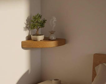 Mensola angolare sospesa in rovere di alta qualità – Mensola da parete per bagno, supporto in legno massello arrotondato per piccoli spazi