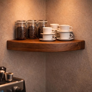 May include: A dark wood corner shelf mounted on a textured wall, holding three clear glass jars filled with dark coffee beans and four white ceramic cups stacked in pairs on matching saucers, arranged in a neat, organized display.