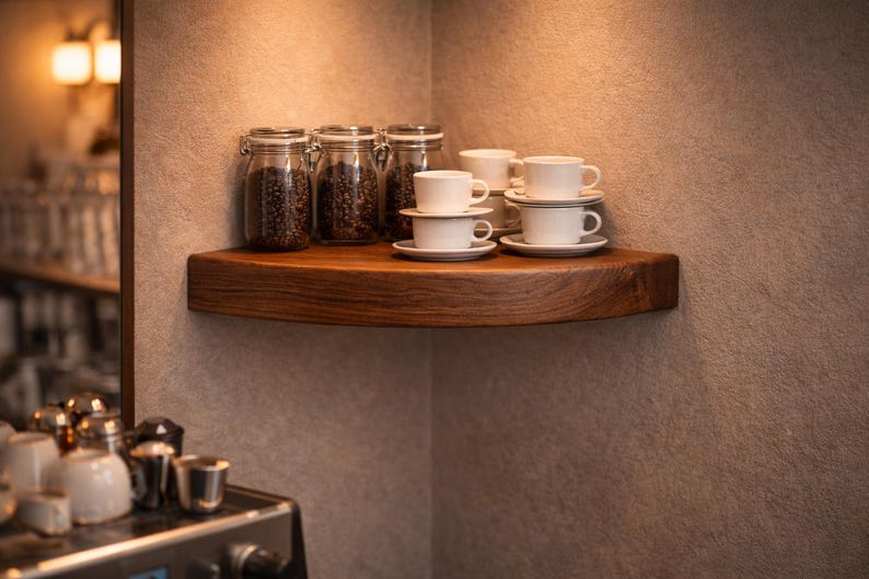 May include: A dark wood corner shelf mounted on a textured wall, holding three clear glass jars filled with dark coffee beans and four white ceramic cups stacked in pairs on matching saucers, arranged in a neat, organized display.