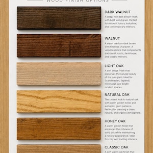 K&ouml;nnte beinhalten: Eine Norviaform Holzoberfl&auml;chen-Auswahlkarte mit sechs vertikal angeordneten rechteckigen Holzmusterst&uuml;cken. Die Oberfl&auml;chen umfassen Dark Walnut, Walnut, Light Oak, Natural Oak, Honey Oak und Classic Oak, jeweils mit begleitendem Text.