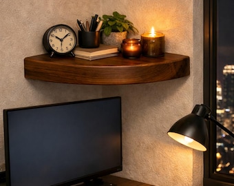 Mensola angolare galleggiante in rovere massello fatta a mano, bordo arrotondato, montaggio nascosto, mensola da parete in legno spesso, stoccaggio moderno e minimale