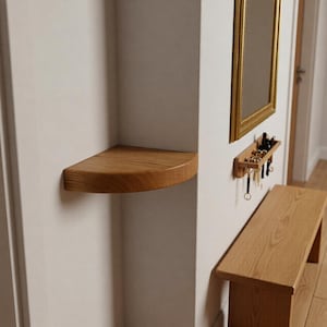 K&ouml;nnte beinhalten: Ein helles Eckregal aus Holz mit abgerundeter Vorderkante ist an der Wand montiert. Daneben befindet sich ein rechteckiges Schl&uuml;sselbrett aus Holz mit Metallhaken f&uuml;r Schl&uuml;ssel, unter einem goldgerahmten Spiegel und &uuml;ber einer Holzbank.