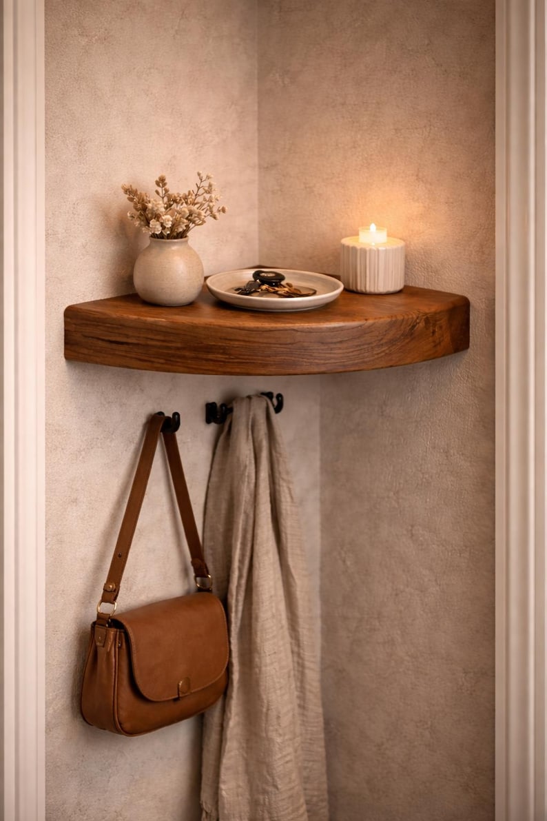 May include: A wooden corner shelf mounted on a wall, featuring a curved front edge. Below the shelf are two black metal hooks holding a brown leather shoulder bag and a beige fabric scarf. On the shelf sits a small vase, a dish, and a candle.