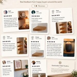 K&ouml;nnte beinhalten: Eine Sammlung von Kundenbewertungen f&uuml;r Eichenregale mit Text-Testimonials, F&uuml;nf-Sterne-Bewertungen und Fotos von Eck- und geraden Holzregalen in verschiedenen Wohnumgebungen, mit der &Uuml;berschrift Loved by Our Customers.