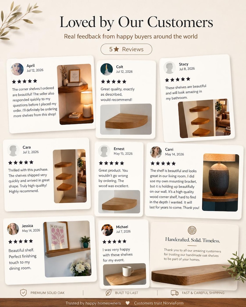 K&ouml;nnte beinhalten: Eine Sammlung von Kundenbewertungen f&uuml;r Eichenregale mit Text-Testimonials, F&uuml;nf-Sterne-Bewertungen und Fotos von Eck- und geraden Holzregalen in verschiedenen Wohnumgebungen, mit der &Uuml;berschrift Loved by Our Customers.