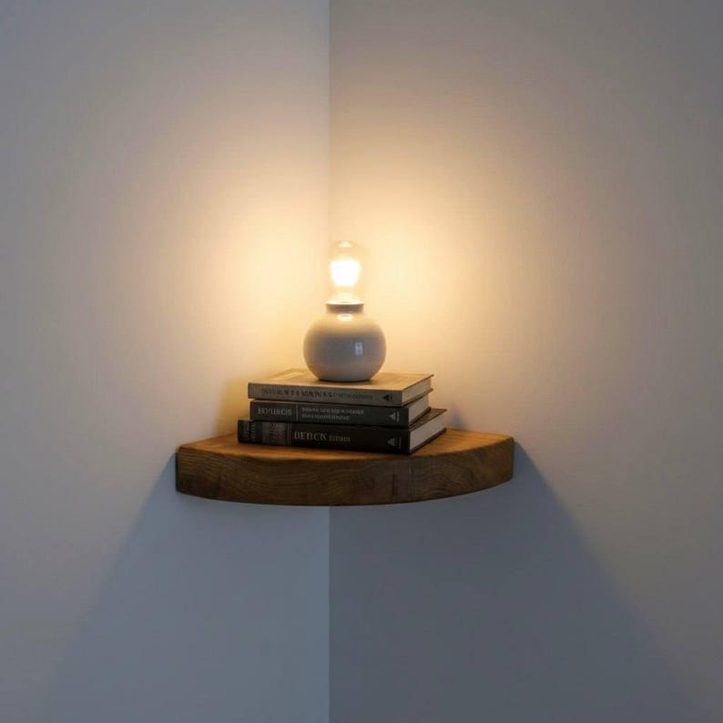 K&ouml;nnte beinhalten: Ein geschwungenes Eckregal aus Holz, das an zwei W&auml;nden montiert ist. Auf dem Regal liegt ein Stapel aus drei Hardcover-B&uuml;chern, gekr&ouml;nt von einer kleinen, runden, wei&szlig;en Keramiklampe, die ein warmes Licht in die Ecke abgibt.