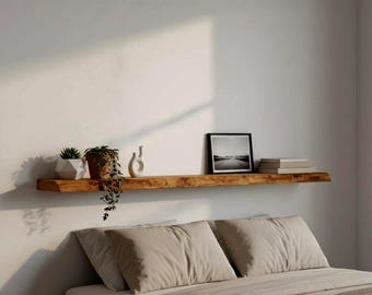 Mensola sospesa di lusso in rovere con bordo vivo – Mensola da parete rustica in legno massello, sporgenza in legno naturale, staffa nascosta