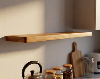 Mensola sospesa da cucina in rovere massello di alta qualità – Mensola da parete per bar con bordo arrotondato e staffa di montaggio nascosta
