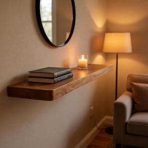 Op de afbeelding: Een zwevend houten plankje met twee boeken en een brandende kaars in een glazen houder. Een rond, zwart omrand spiegelbeeld hangt boven de plank. Een staande lamp en een beige fauteuil staan op de achtergrond.