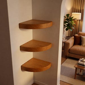 Puede incluir: Tres estanterías de esquina de madera montadas en una pared blanca. Las estanterías son de color marrón claro y tienen un borde redondeado. Las estanterías están espaciadas uniformemente, creando un diseño moderno y minimalista. Cada estantería mide unos 30 cm de ancho.