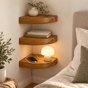 Op de afbeelding: Drie gestapelde houten hoekplanken gemonteerd aan een muur. De bovenste plank bevat een kleine witte vaas met groen. De middelste plank bevat twee gestapelde boeken. De onderste plank bevat een paddenstoelvormige lamp en een smartphone.