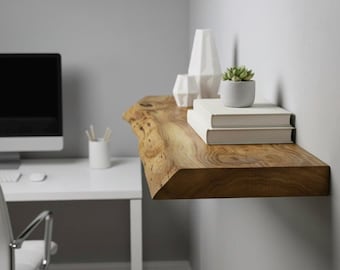Mensola sospesa Premium Oak Live Edge – Contenitore da parete rustico in legno massello, sporgenza in legno naturale, montaggio nascosto
