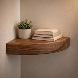 May include: A curved corner shelf made of dark brown wood with a visible grain pattern. On the shelf sits a small green plant in a light-colored cylindrical pot and a stack of three hardcover books with plain, light-colored covers.