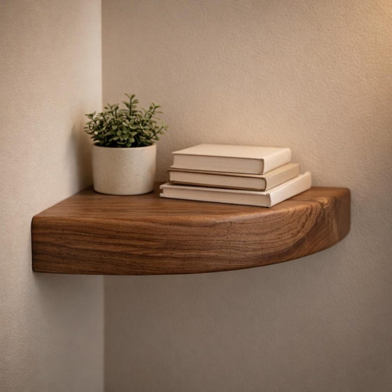 May include: A curved corner shelf made of dark brown wood with a visible grain pattern. On the shelf sits a small green plant in a light-colored cylindrical pot and a stack of three hardcover books with plain, light-colored covers.