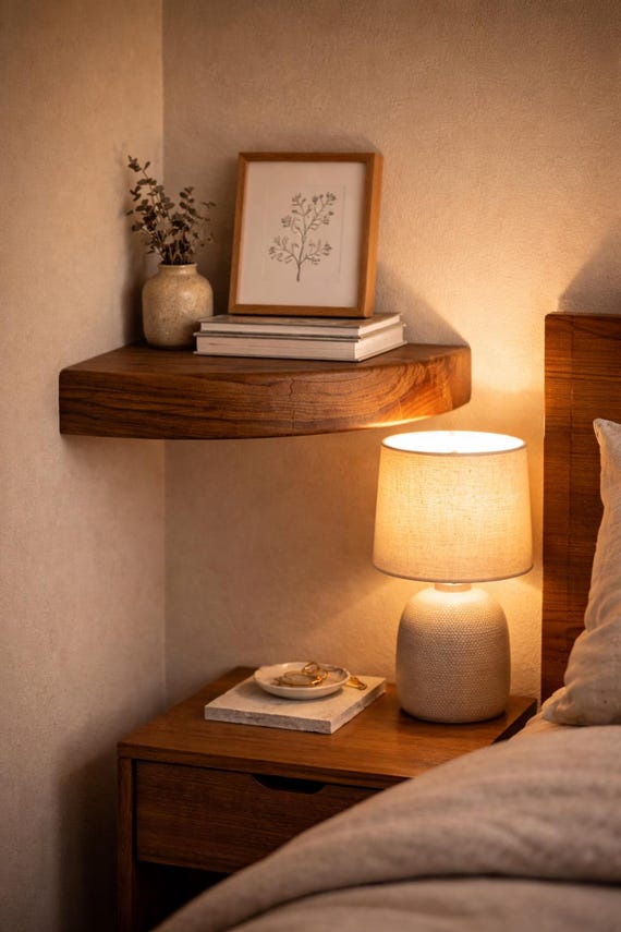 Handmade Solid Oak Corner Floating Shelf, Rounded Edge Wooden Wall Shelf, Hidden Mount