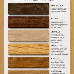 May include: A Norviaform wood finish options chart displaying six rectangular wood samples arranged vertically. The finishes include dark walnut, walnut, light oak, natural oak, honey oak, and classic oak, each accompanied by descriptive text.